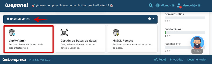 WePanel - Bases de Datos - phpMyAdmin