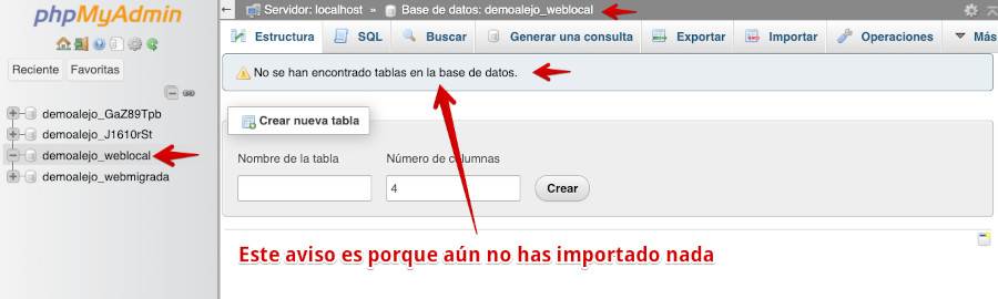 WePanel - Bases de Datos - phpMyAdmin - Seleccionar base de datos