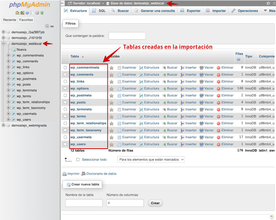 WePanel - Bases de Datos - phpMyAdmin - Tablas de la base de datos importada