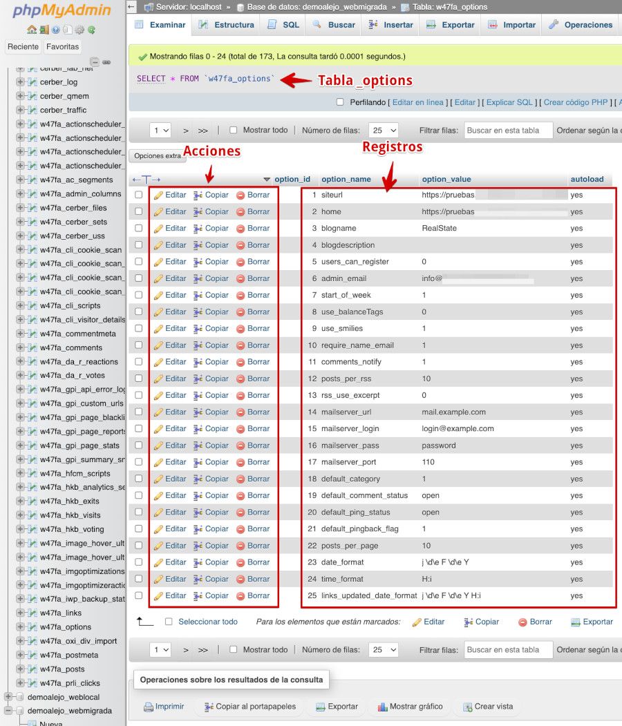WePanel- Bases de Datos - phpMyAdmin - Vista de registros de la tabla _options
