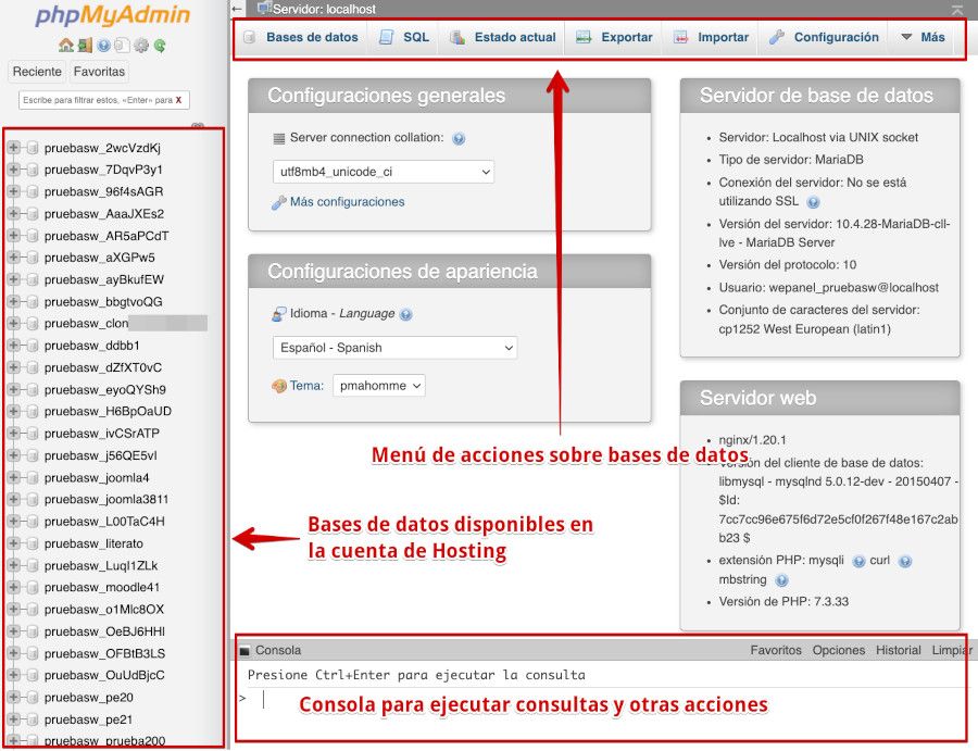 WePanel - Bases de datos - phpMyAdmin