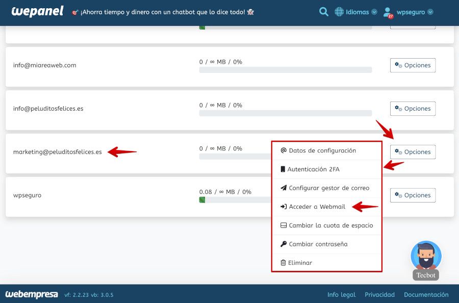 WePanel - Correo - Botón para acceder a Webmail