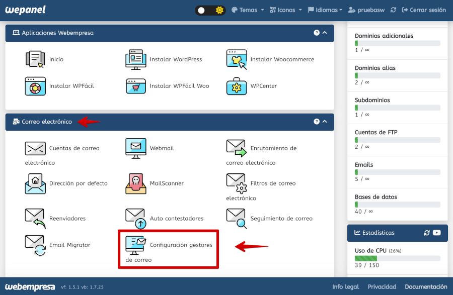 Configuración gestores de correo en el Panel de Hosting wePanel