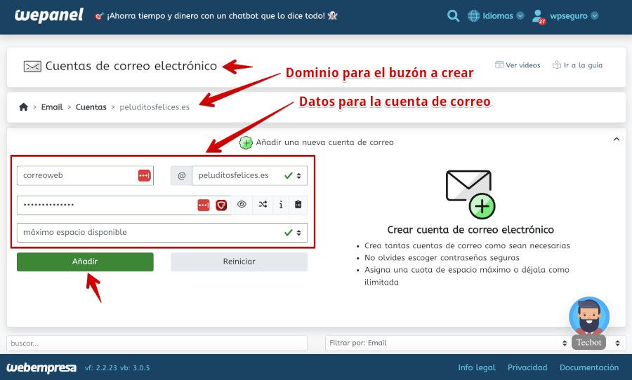 WePanel - Correo - Crear cuentas de correo - Alta de nueva cuenta