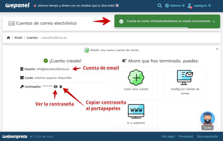 WePanel - Correo - Cuentas de correo - Cuenta creada