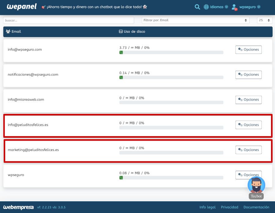 WePanel - Correo - Cuentas de correo - Cuentas creadas peluditosfelices.es