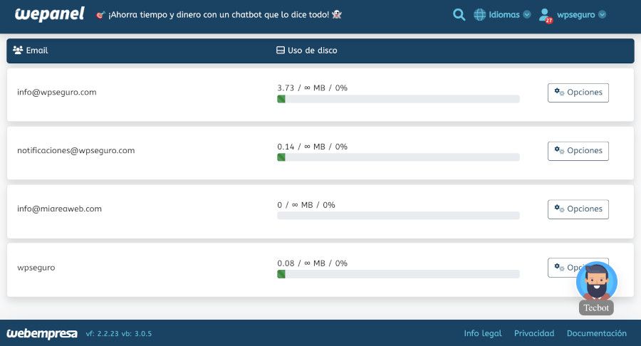 WePanel - Correo - Cuentas de correo - Cuentas existentes