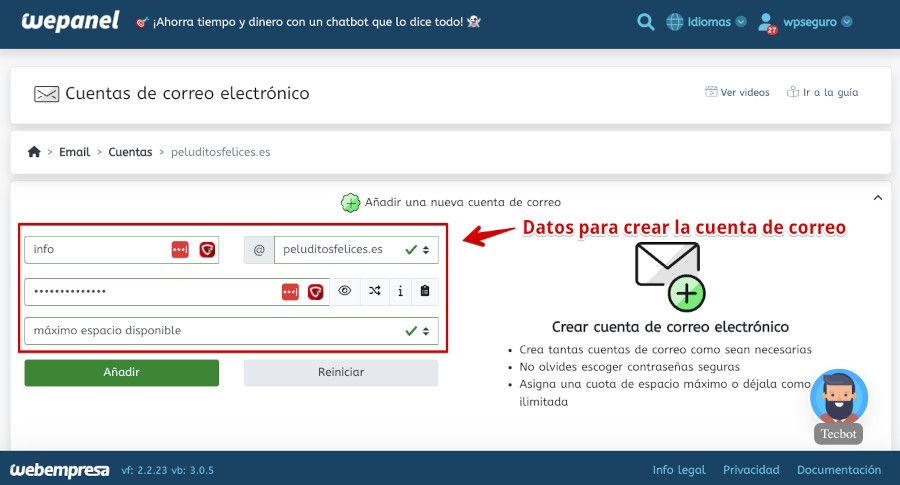 WePanel - Correo - Cuentas de correo - Datos