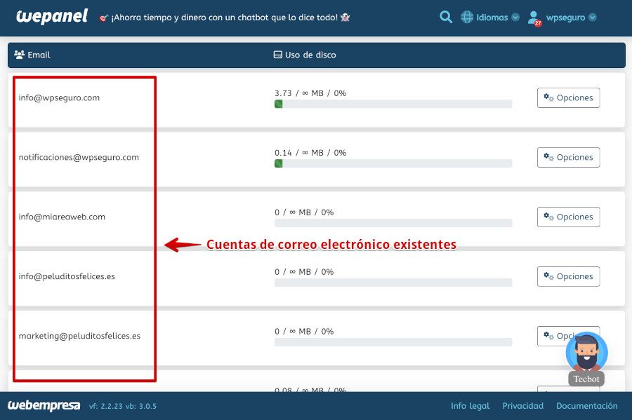 WePanel - Correo - Cuentas de correo existentes