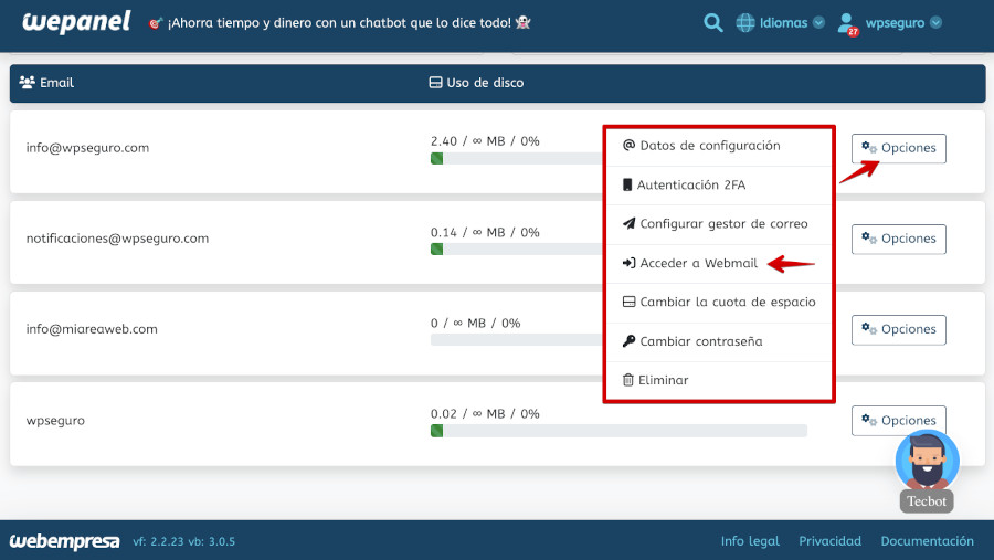 WePanel - Correo electrónico - Cuentas de correo - Opciones