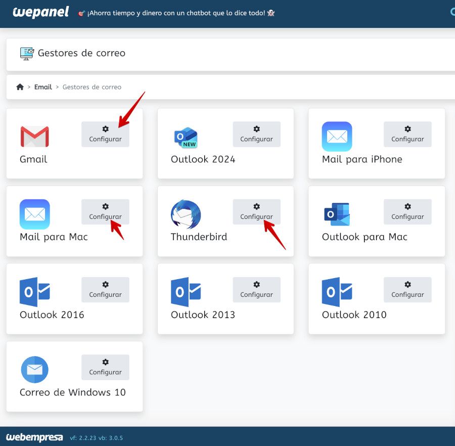 WePanel - Correo - Opciones - Datos de configuración de gestores de correo