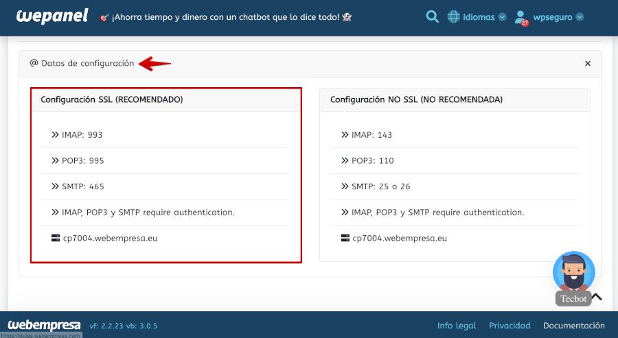 WePanel - Correo - Opciones - Datos de configuración