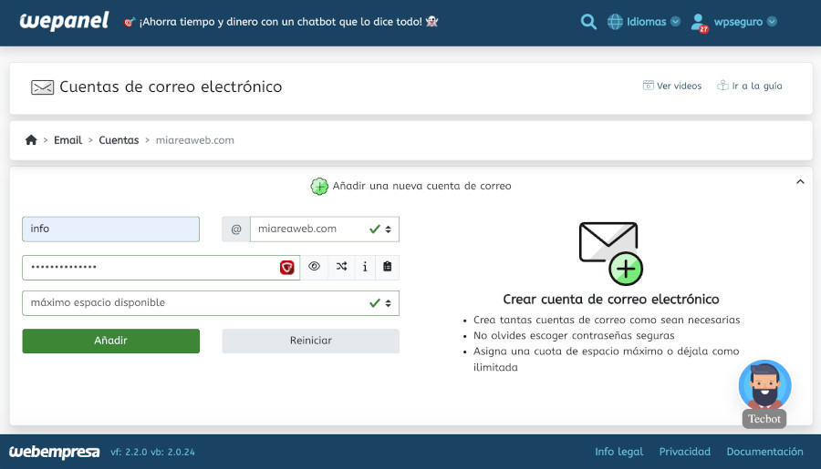 WePanel - Correos - Crear cuenta de correo