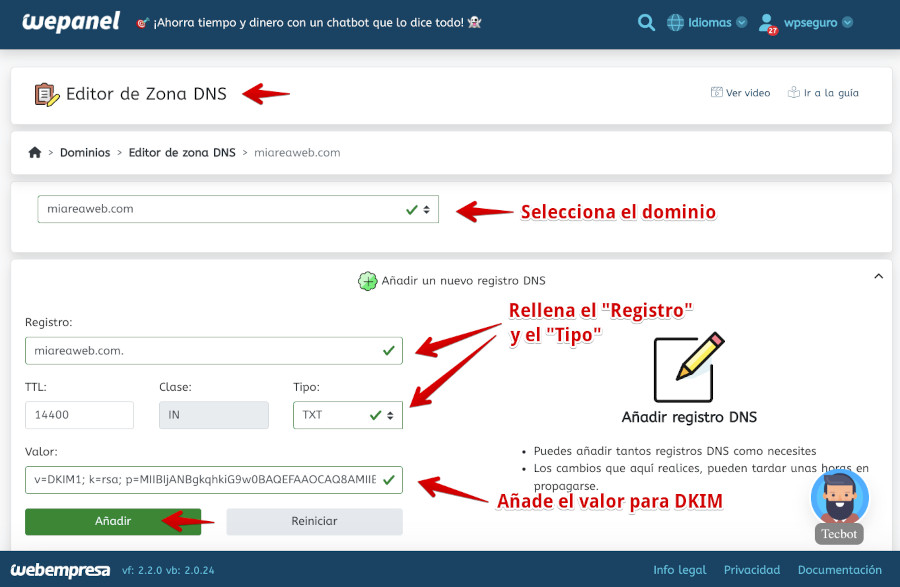 Crear registro DKIM para el dominio