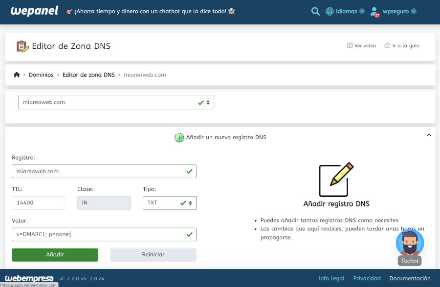 Crear registro DMARC para el dominio