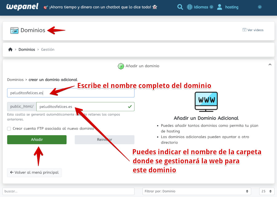 WePanel - Dominios - Añadir dominio adicional