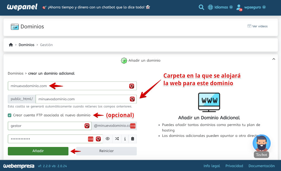 WePanel - Dominios - Adicional - Añadir