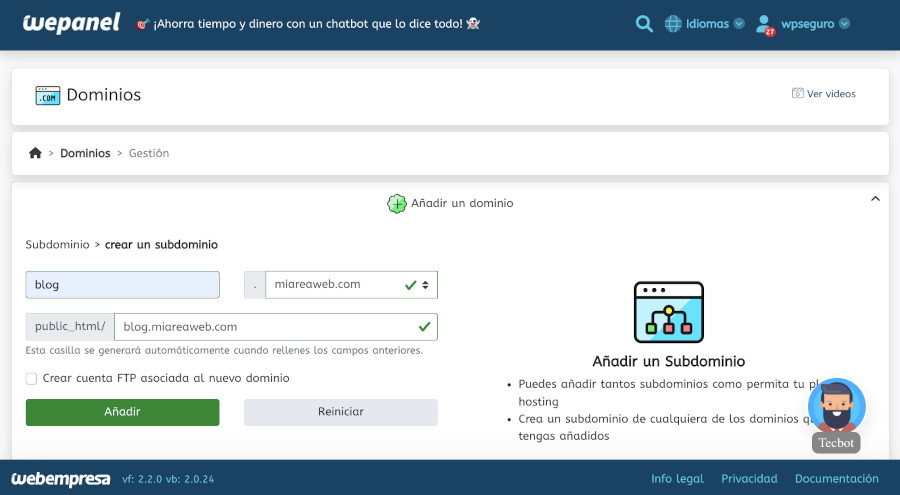 WePanel - Dominios - Crear subdominios