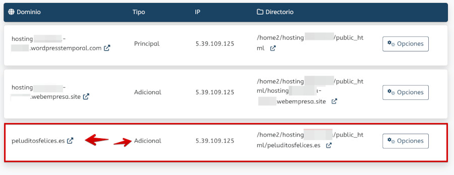 WePanel - Dominios - Listado como dominio adicional