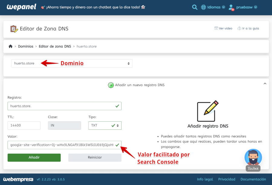 WePanel - Dominios - Gestión de Dominios - DNS - Registro TXT