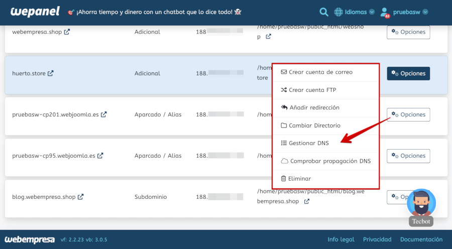 WePanel - Dominios - Gestión de Dominios - Opciones - Gestionar DNS