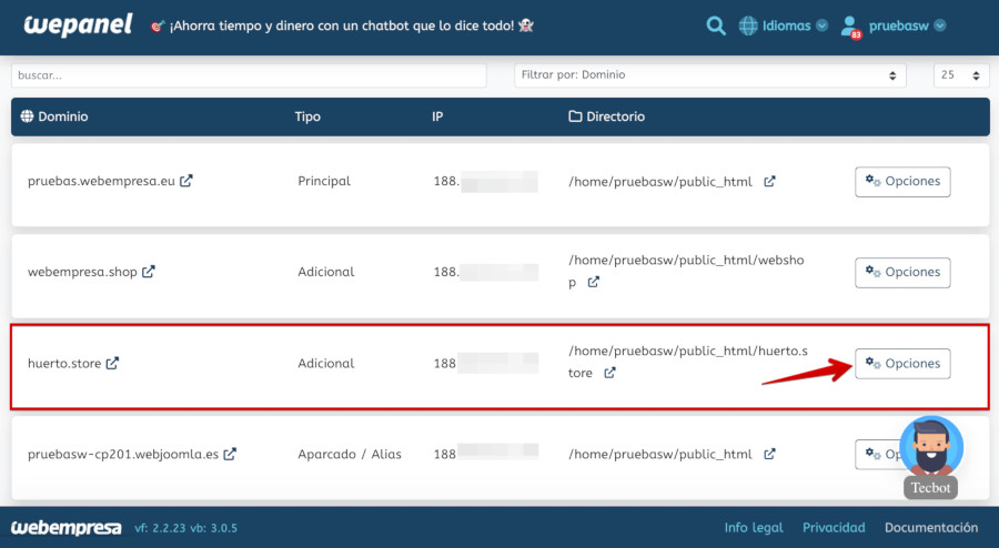 WePanel - Dominios - Gestión de Dominios - Opciones