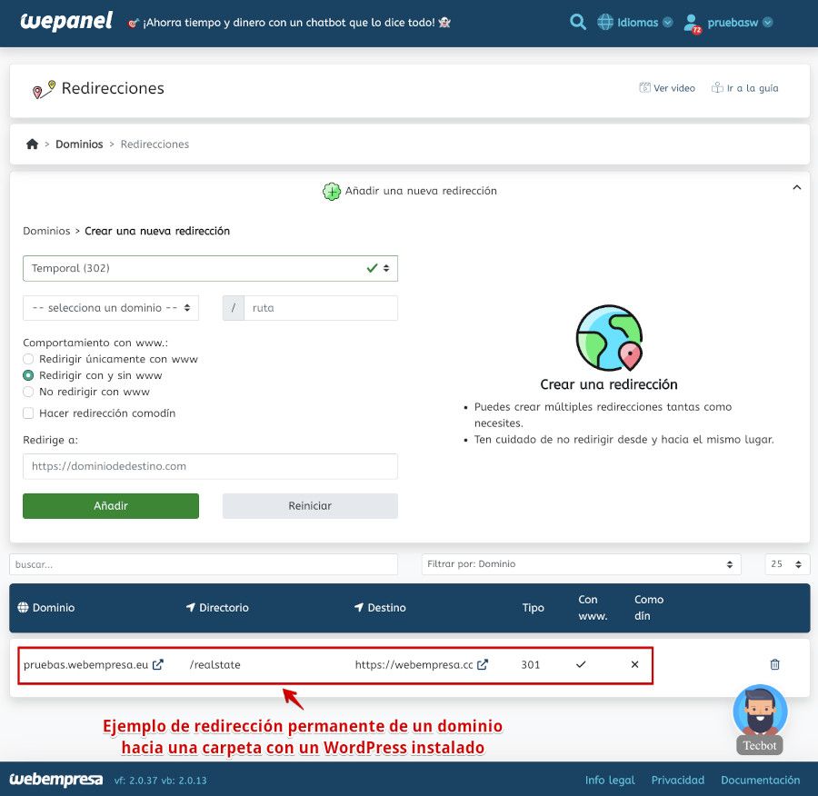 WePanel - Dominios - Redirecciones