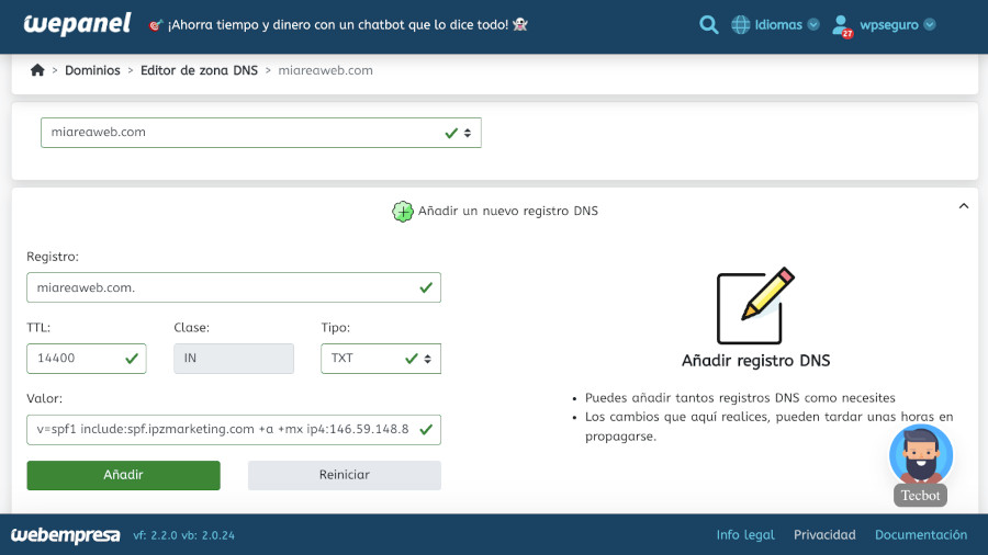 Crear registro SPF TXT para el dominio