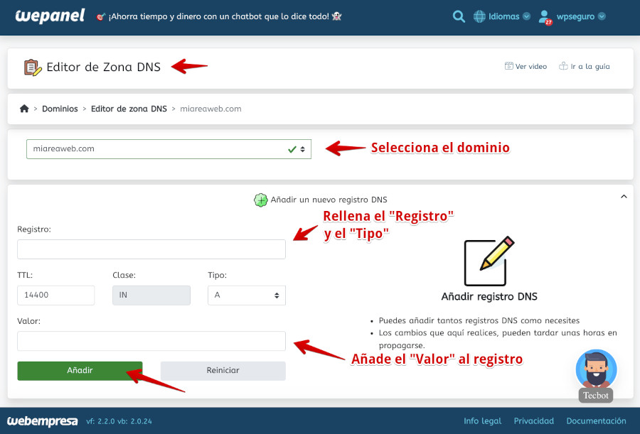 Editor de zona DNS en wePanel, selector de dominio