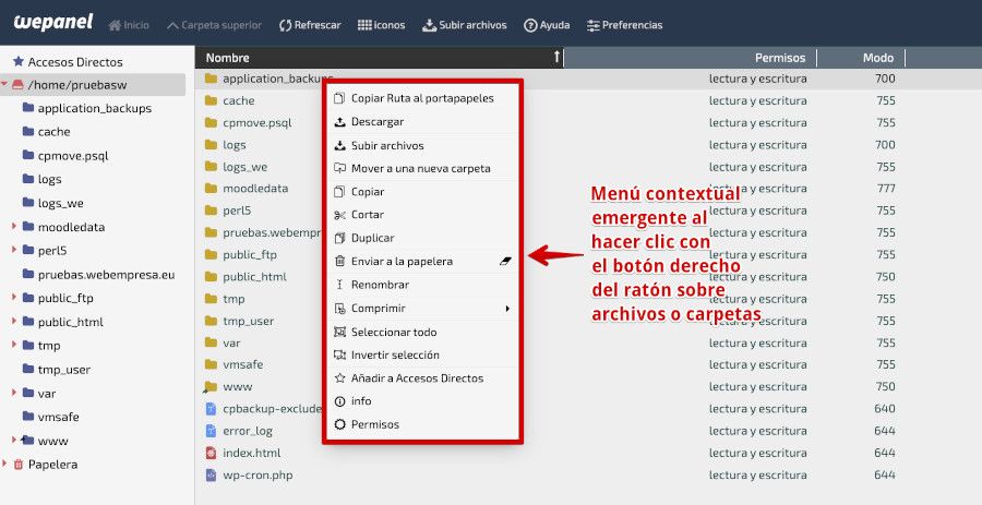 Herramientas del menú contextual del administrador de archivos de WePanel
