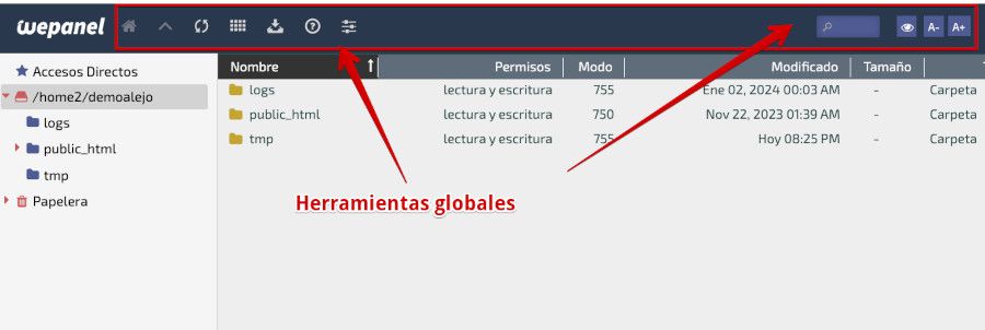 Herramientas del menú superior del administrador de archivos de WePanel