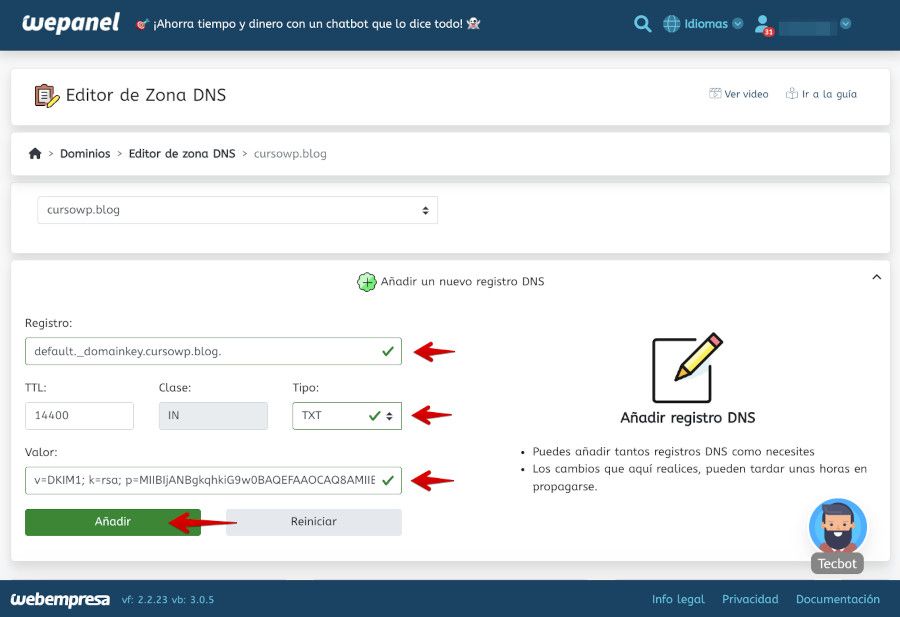 WePanel - Creación de un registro DKIM
