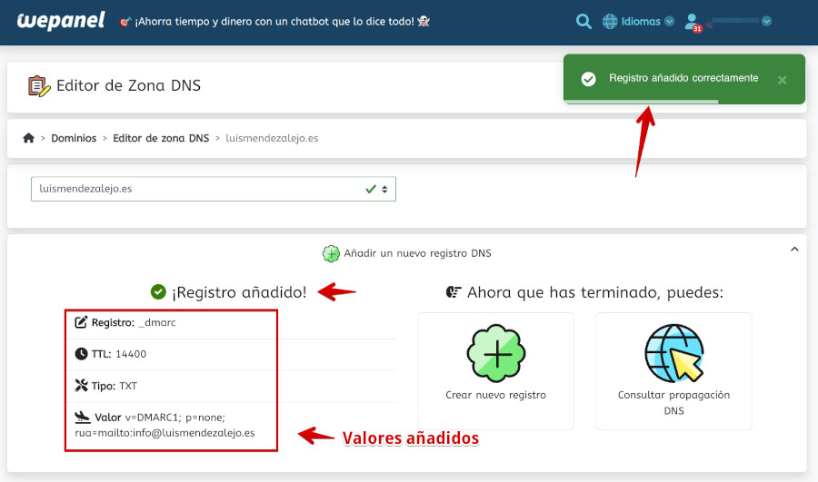 WePanel - Creación de un registro DMARC - Valores OK