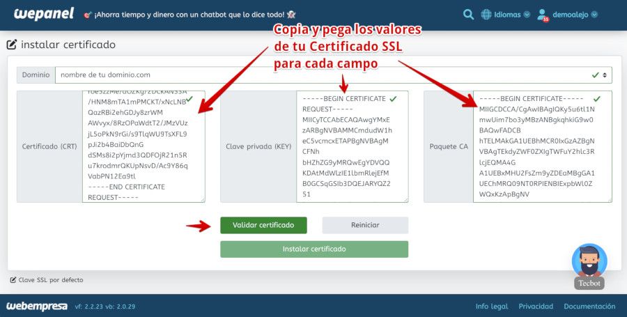 WePanel - Seguridad - SSl/TLS - Configuración avanzada - Instalar certificado - Validar