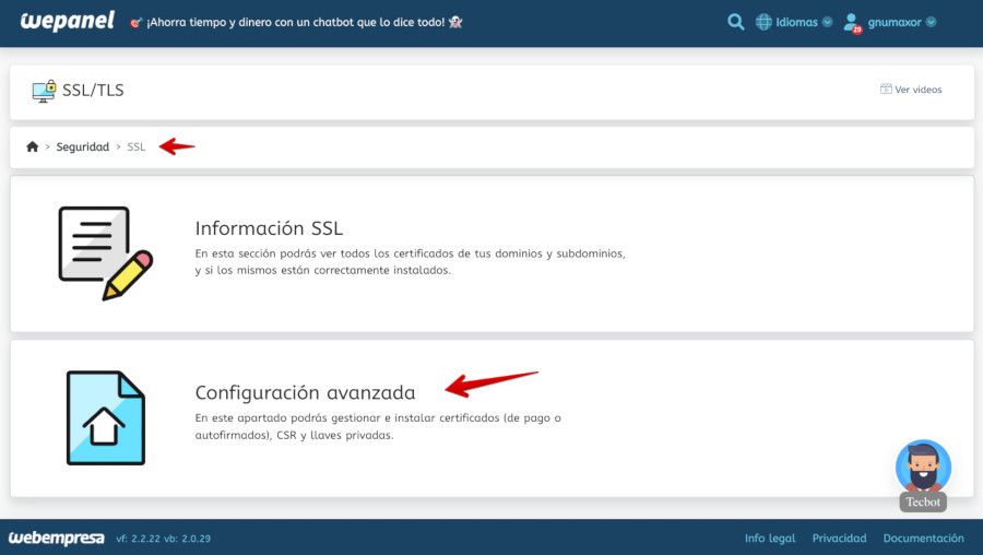 WePanel - Seguridad - SSl/TLS - Configuración avanzada