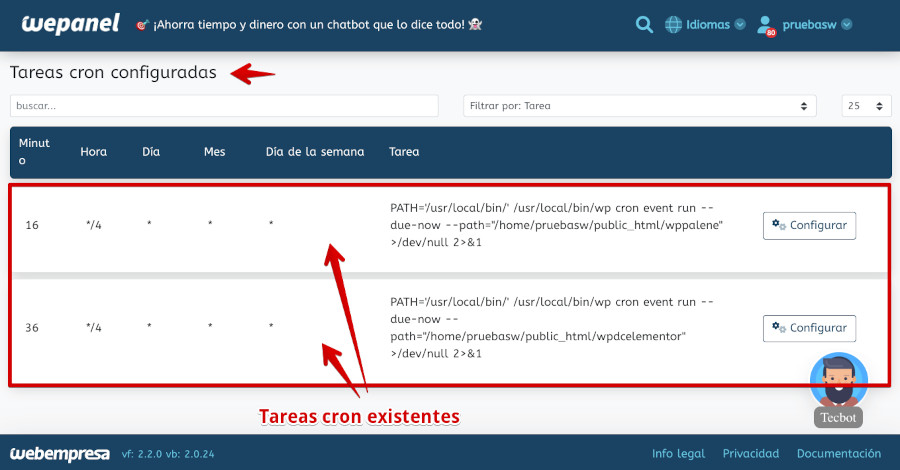 Listado de Tareas de cron en WePanel