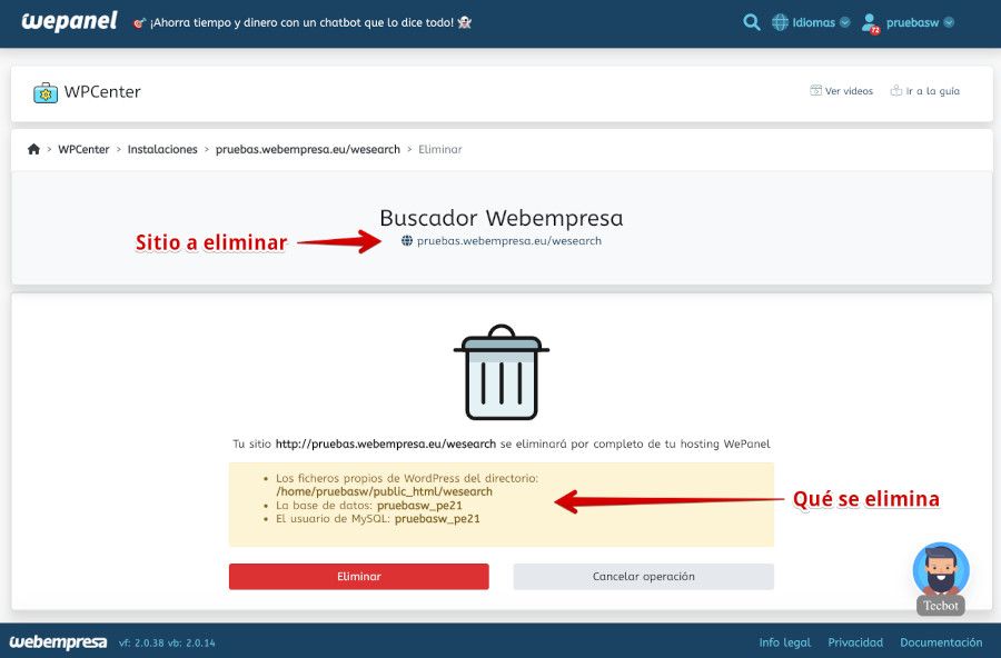 WePanel - WordPress Center - Eliminar WordPress