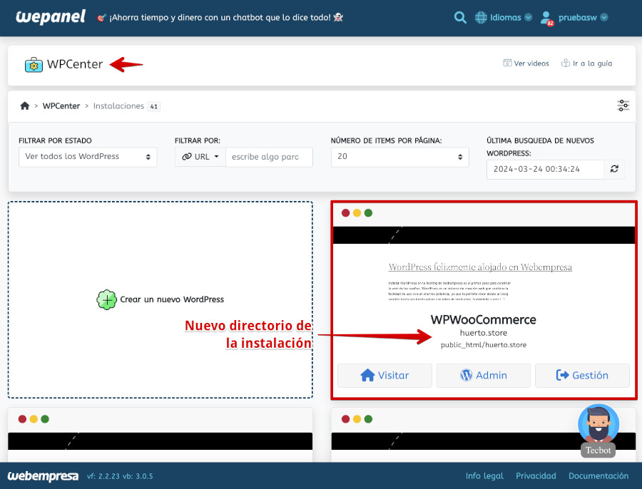 WePanel - WP Center - Instalaciones - WordPress movido