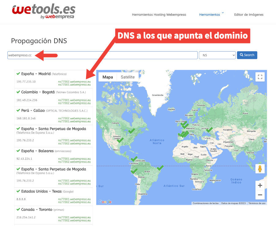 Comprobación de DNS del dominio con wetools de Webempresa