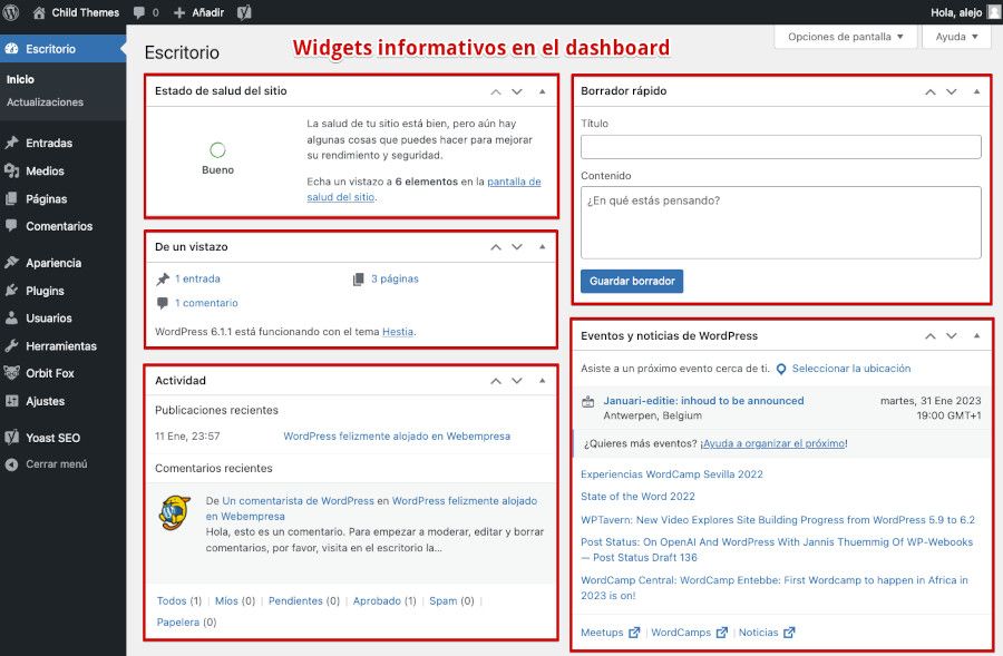 Widgets del dashboard de WordPress