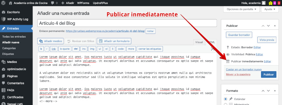 Opción de publicar inmediatamente en entradas de WordPress