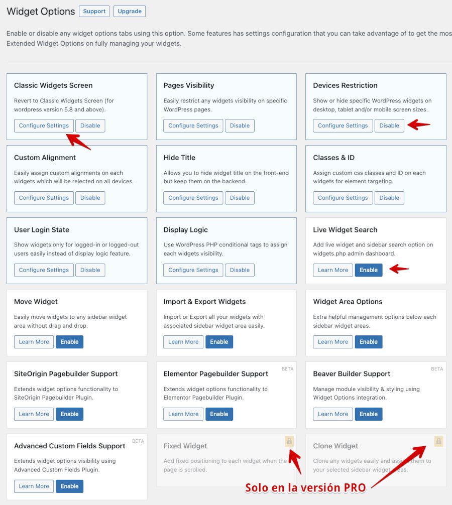 Configuración del plugin Widget Options