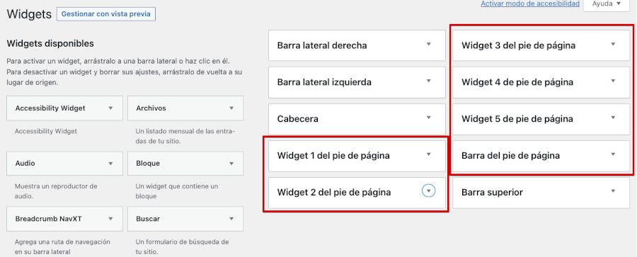 Widgets en el pie de página de un tema WordPress