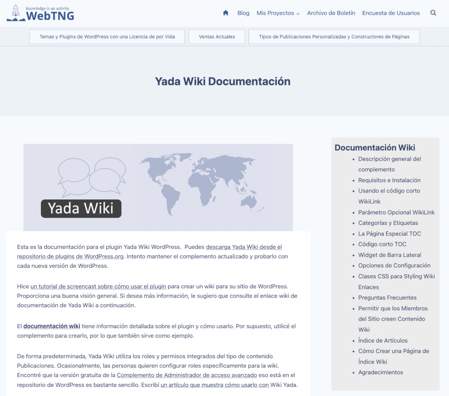 Pagina de documentación de Yada Wiki