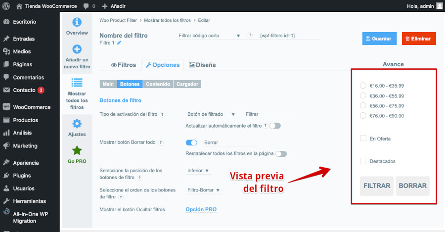 Vista previa filtro de productos con Product Filter by WooBeWoo