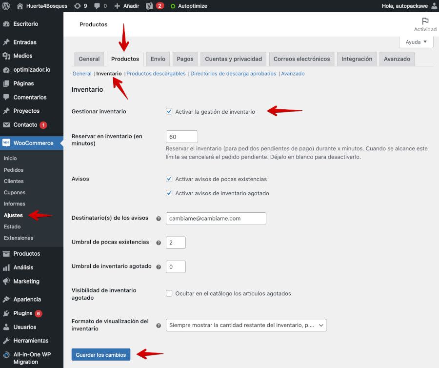 WooCommerce - Ajustes - Productos - Inventario - Activar la gestión de inventario
