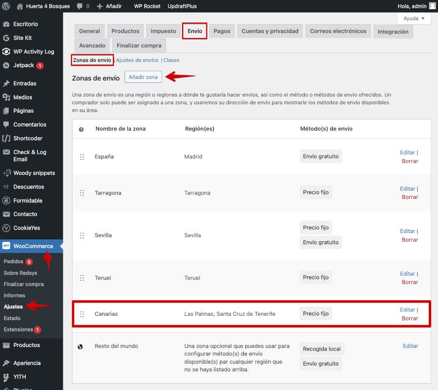 WooCommerce - Ajustes - Envíos - Añadir zona de envío