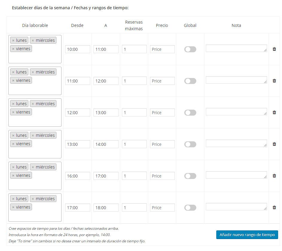 Booking & Appointment - Días y rangos