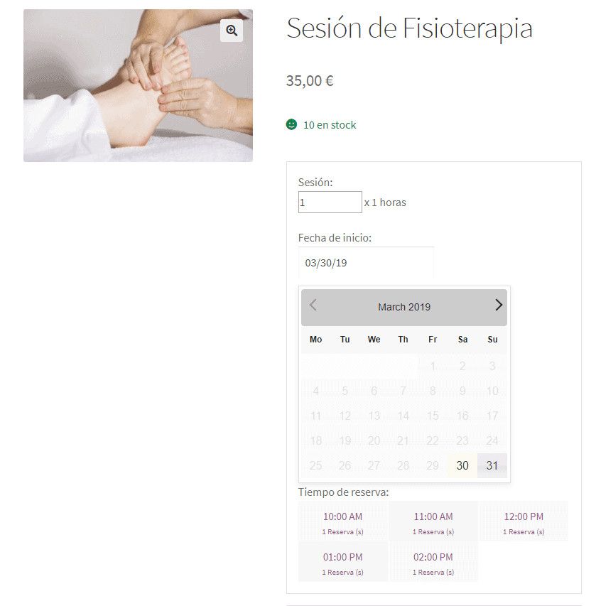 Booking & Appointment - Vista del producto para reserva