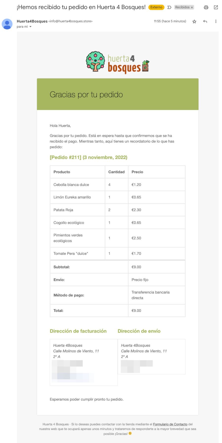 Ejemplo de email de pedido de productso completado en la tienda WooCommerce
